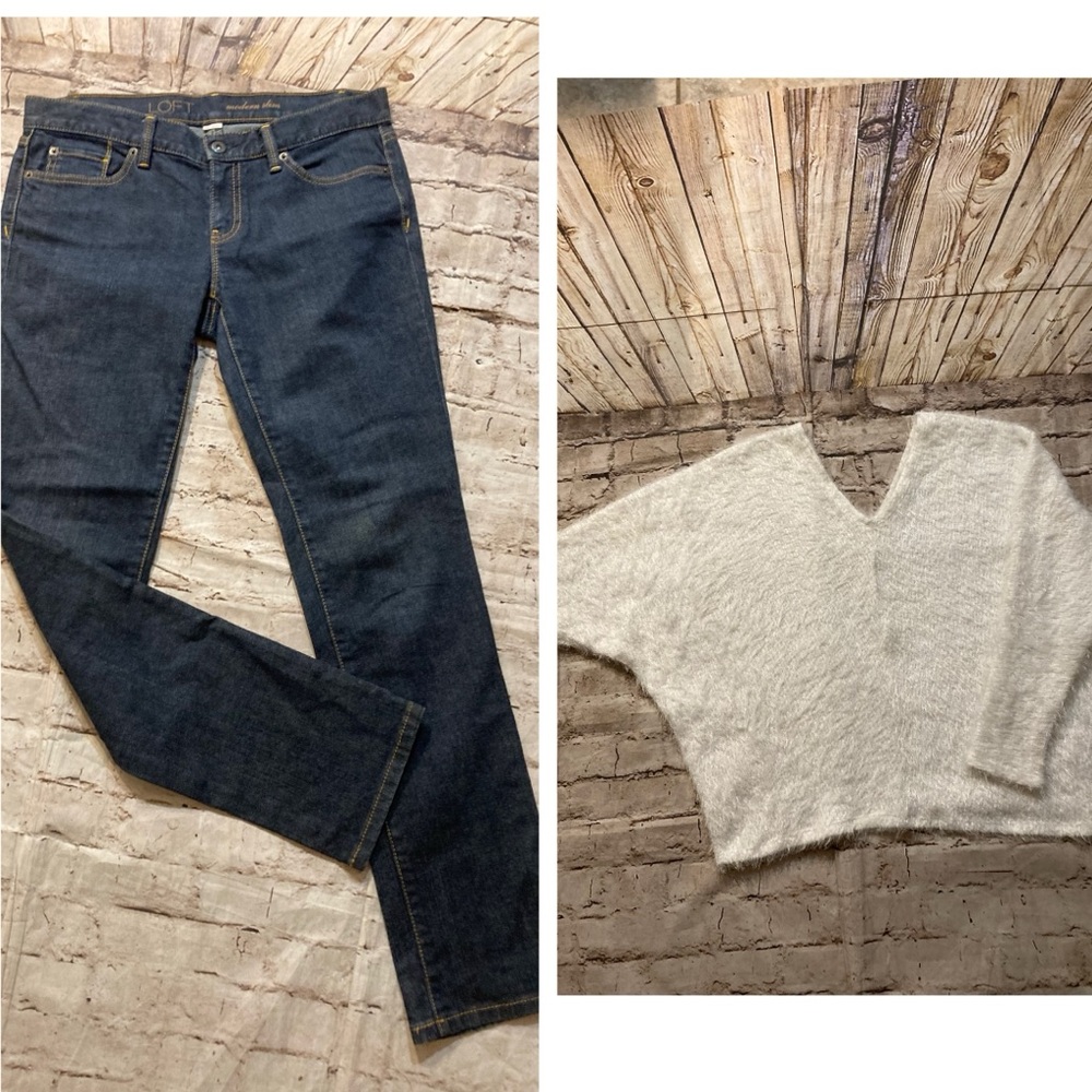 🔥Bundle: loft slim denim size 6 & white eyelash knit V-neck Jolie sweater